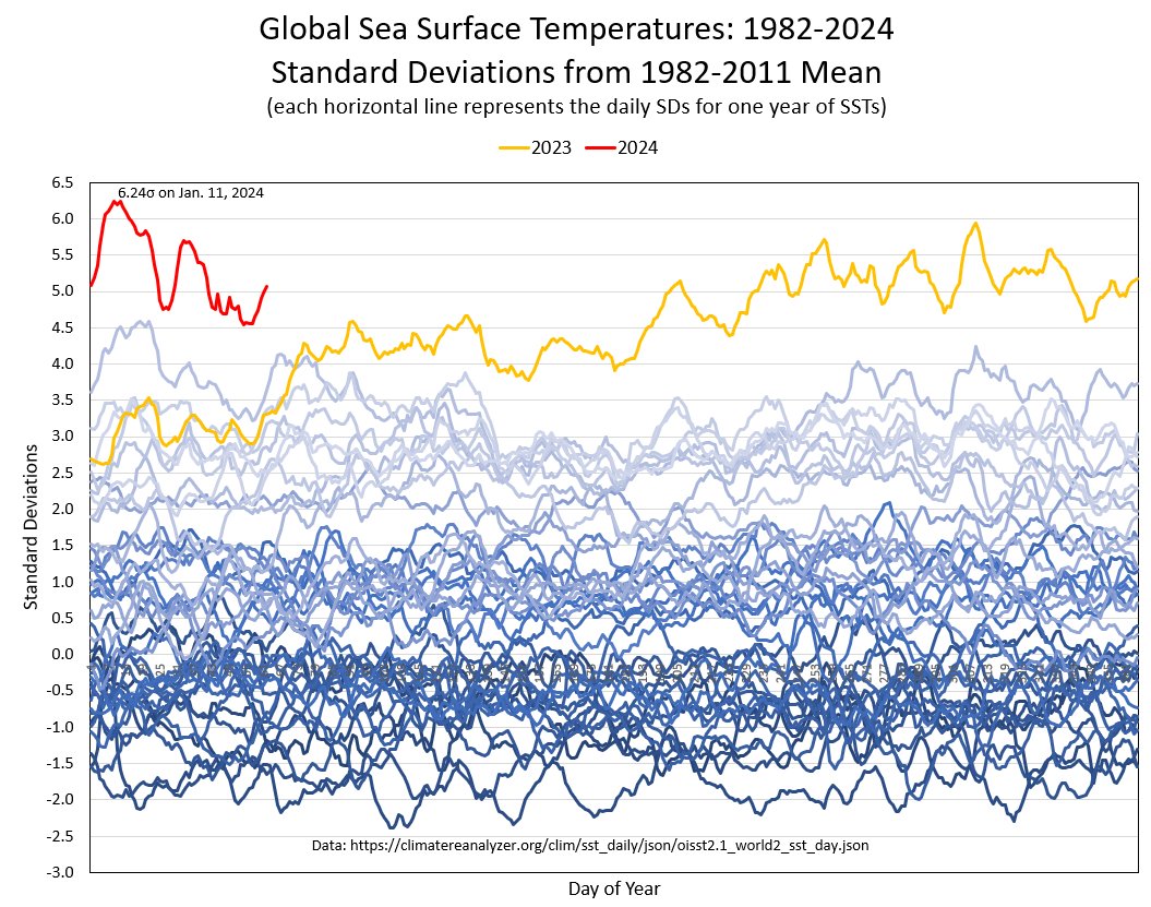 Global sea surface temperature in 2023/2024 (in standard deviations)