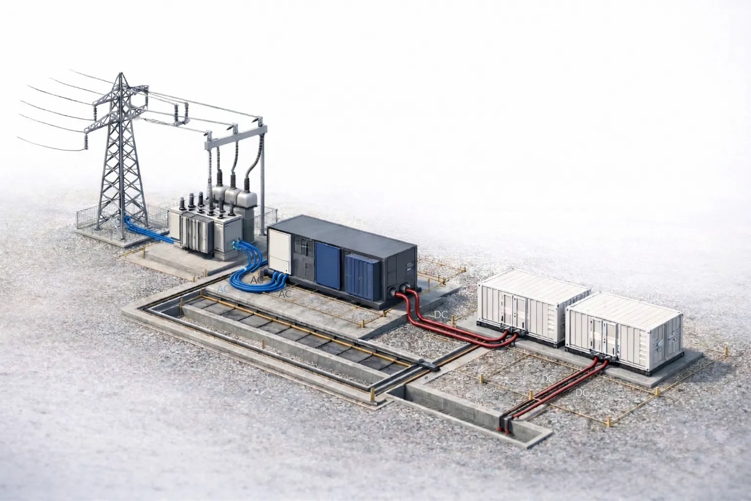 BESS energy-station single-line overview: transmission line, MV skid, PCS, and battery containers