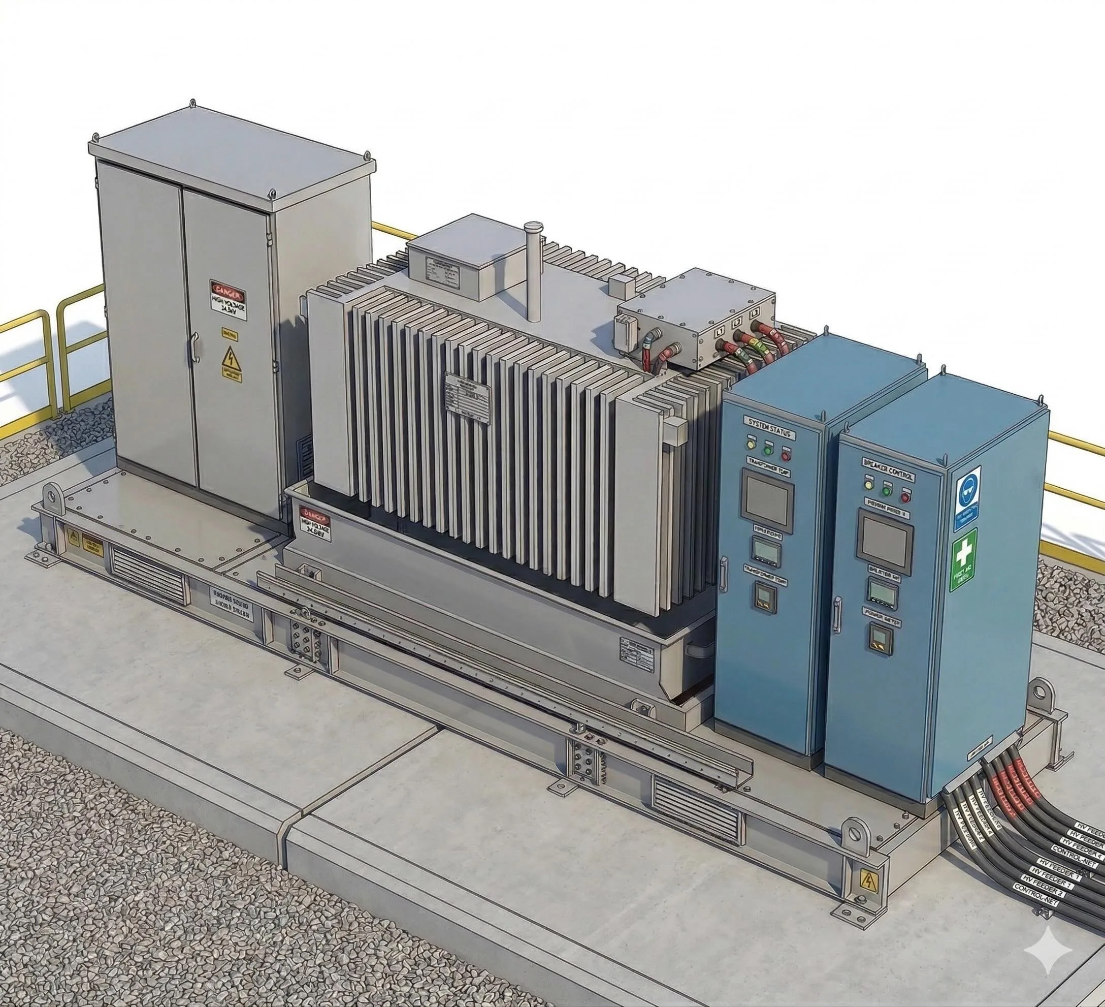 MV skid interactive diagram: PCS inverter, transformer, and switchgear